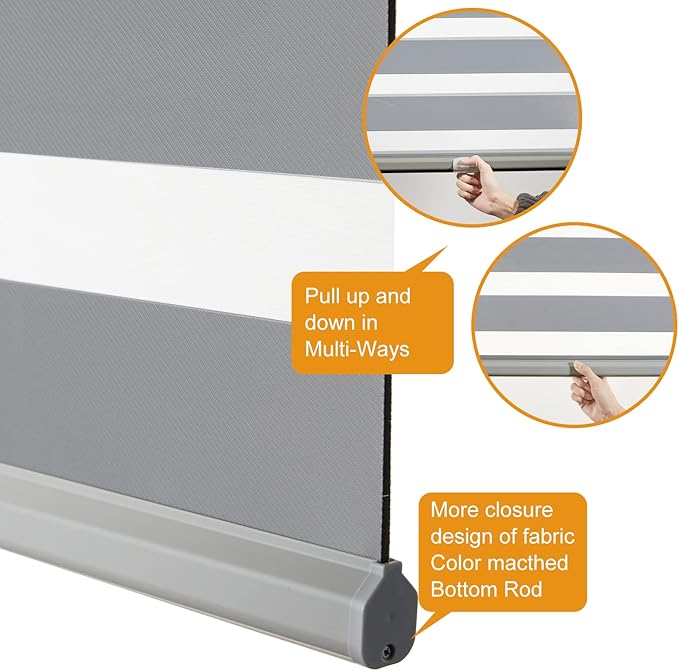 Persilux Cordless Zebra Blinds for Windows (46" W X 64" H, Grey) Free-Stop Windows Shades Dual Layer Light Control for Day and Night, Light Filtering Sheer Shades for Home, Easy to Install