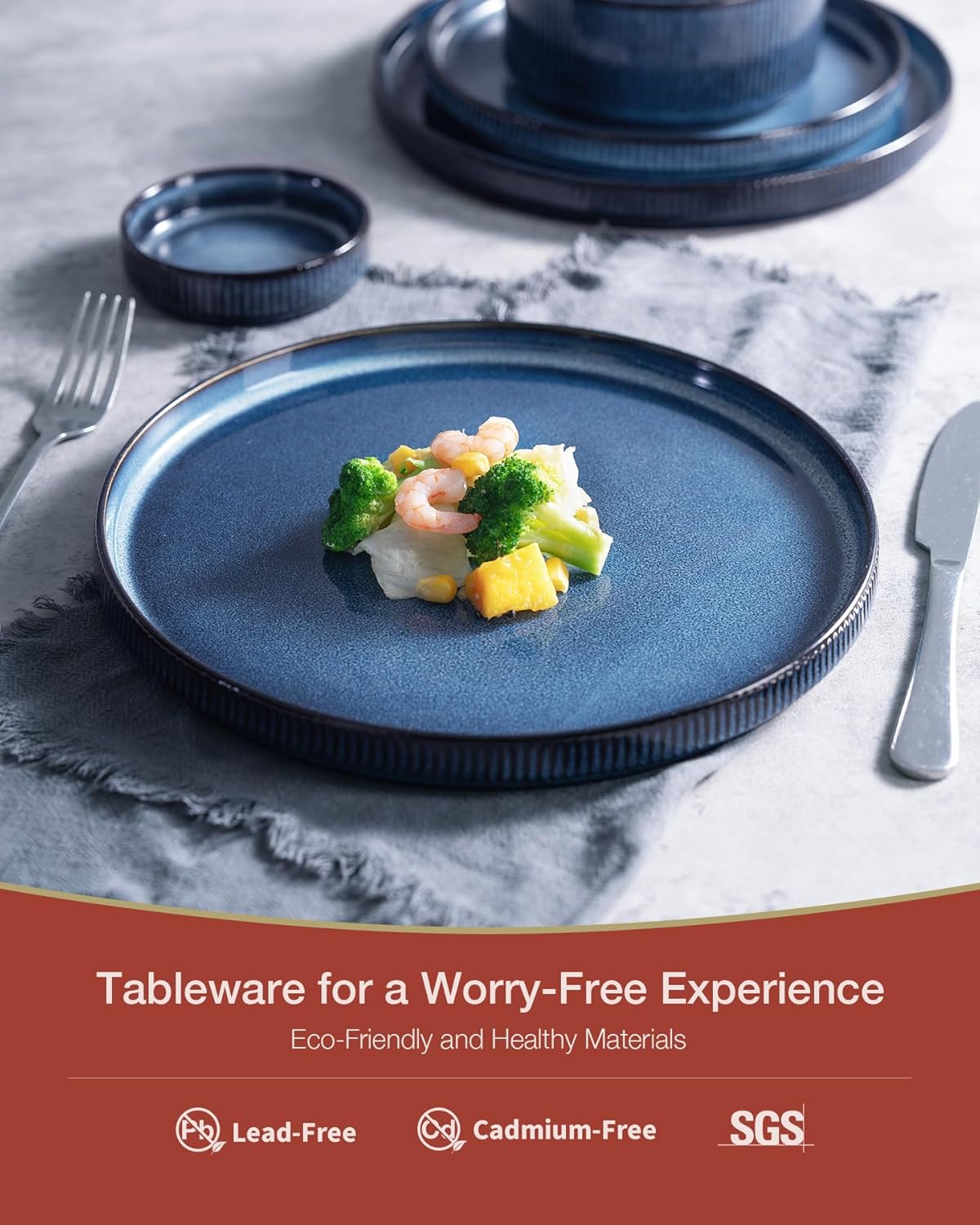 Famiware Star Dinnerware Sets, Plates and Bowls Set for 4, 12 Pieces Ribbed Dishes - Chip and Scratch Resistant, Microwave and Dishwasher Safe Tableware, Nebulas Blue