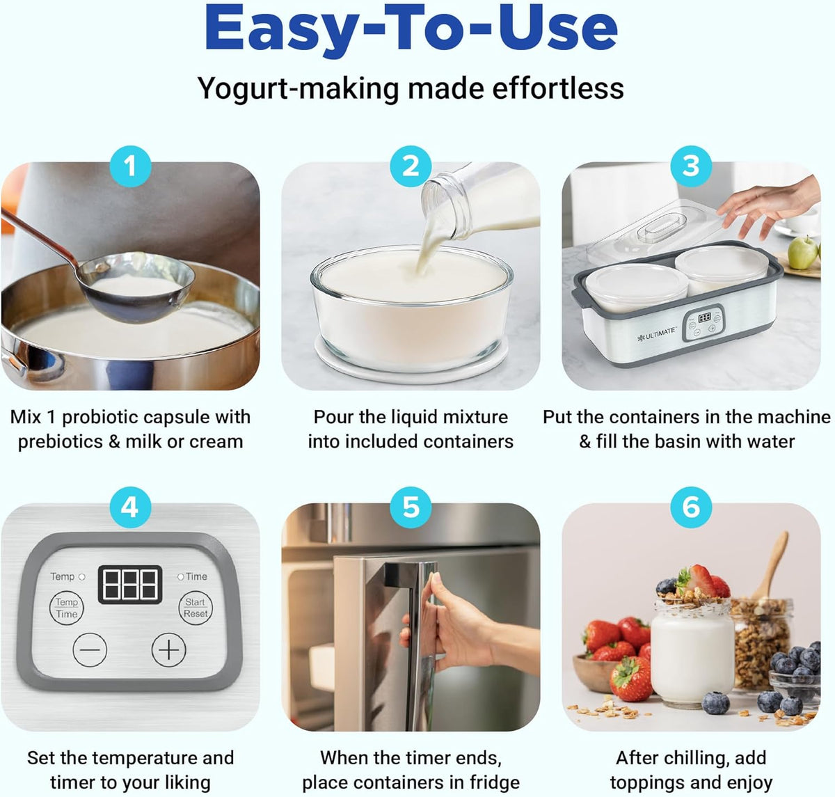 Ultimate Probiotic Yogurt Maker with Adjustable Time & Temp Control - Make Trillions of Live Probiotics with Two 1-Quart Containers for Larger Batches - Greek Yogurt Maker - ULTIMATE LIFETIME WARRANTY