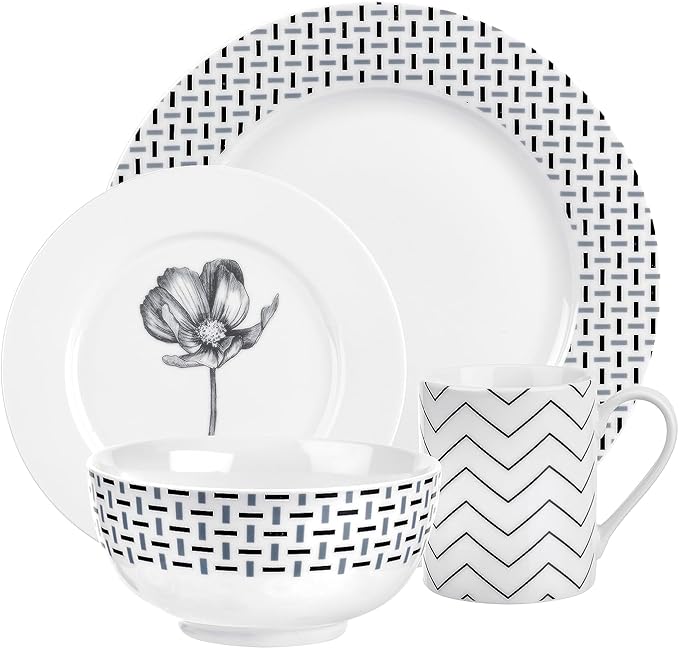 Portmeirion Home Stella 16 Piece Set - Monochrome Porcelain Dinnerware Collection with Patterned Borders, Mix & Match Designs - Ideal for Family Dining, Casual Entertaining & Modern Table Settings