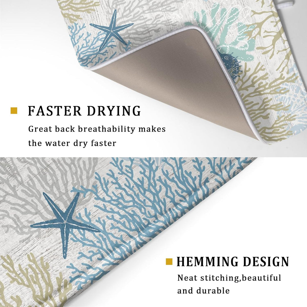 Blue Coral Dish Drying Mat Coastal Starfish Dishes Pad Hanging Drainer Mats Reversible Absorbent Kitchen Counter Protector 18x24 Inch