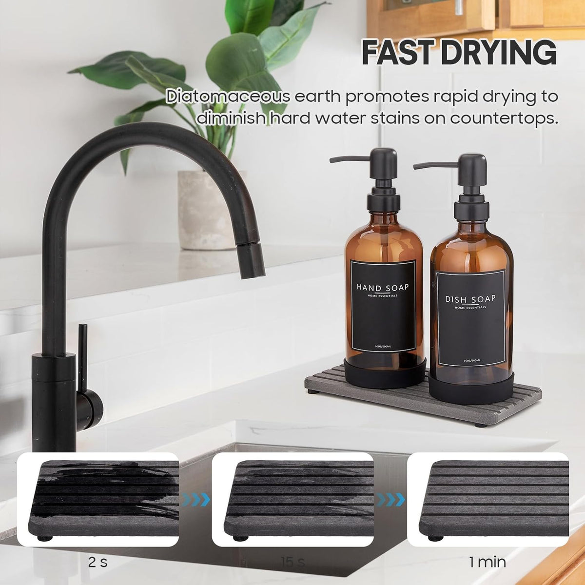 Kitchen Soap Dispenser Set with Instant Dry Tray & Sponge Holder,16 Oz Hand and Dish Soap Amber Glass Dispenser Set,Stainless Steel Pump,Waterproof Labels,Luxury Soap Bottle for Bathroom