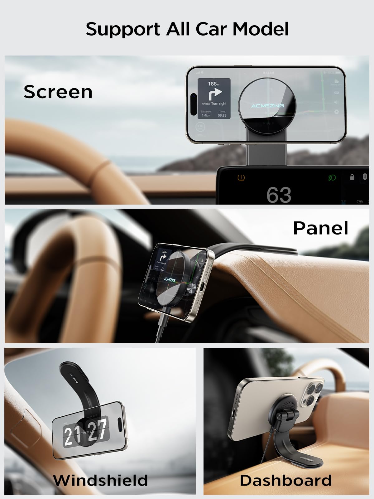 ACMEZING 15W Only for iPhone MagSafe Car Mount Charger, 360% Adjustable Aluminum Alloy Arm, Relocatable Car Phone Holder, Magnetic Wireless Fast Charging, Cell Phone Holder for All Car Models, Black