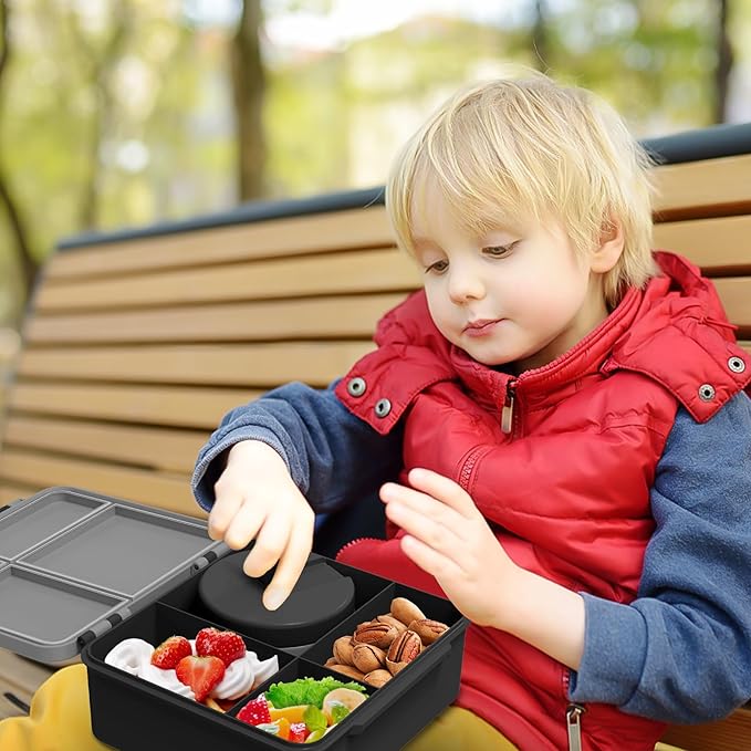 Kids Bento Lunch Box with 8oz Soup Thermo, Kids Leakproof Lunch Food Containers with 4 Compartment,Insulated Hot Food Jar with Lunch Bag for School, Travel (Black)