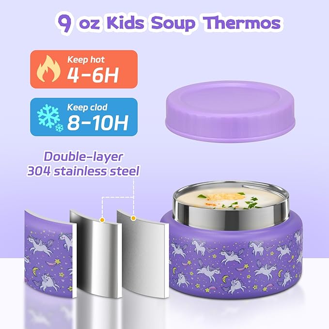 Bento Lunch Box Kids and 9oz Soup Thermos – 5.5-Cup Leakproof Kids Bento Box with Ice Pack & 9oz Insulated Food Jar – Hot & Cold Food Lunch Container for Boy Girl School, Purple Set
