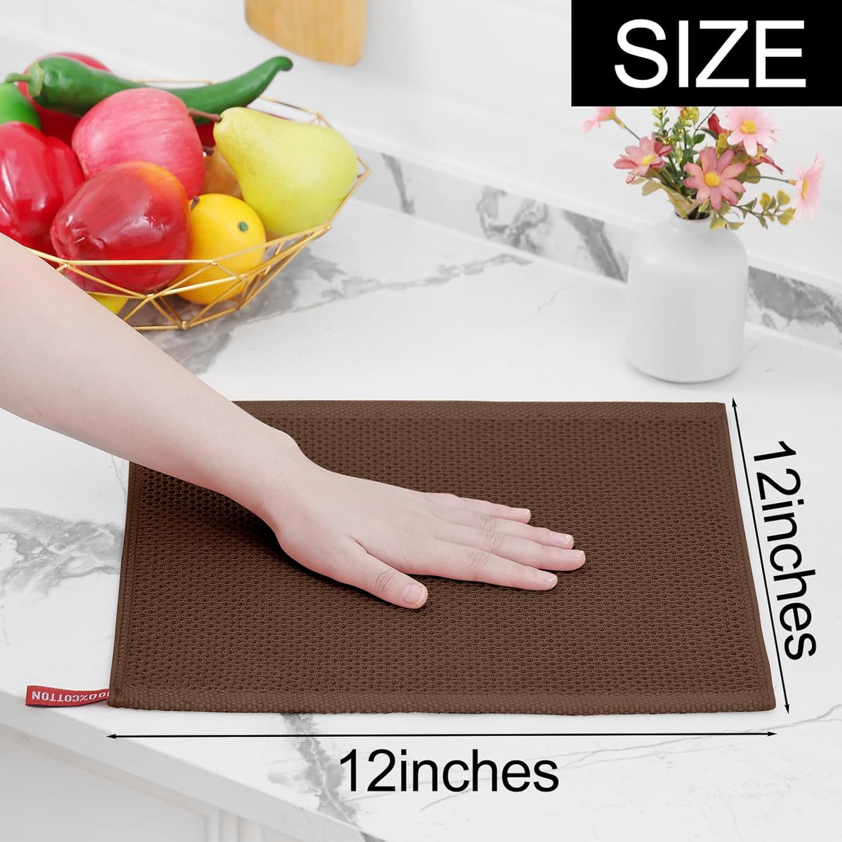 Homaxy 100% Cotton Waffle Weave Kitchen Dish Cloths, Ultra Soft Absorbent Quick Drying Dish Towels, 12 x 12 Inches, 12-Pack, Coffee