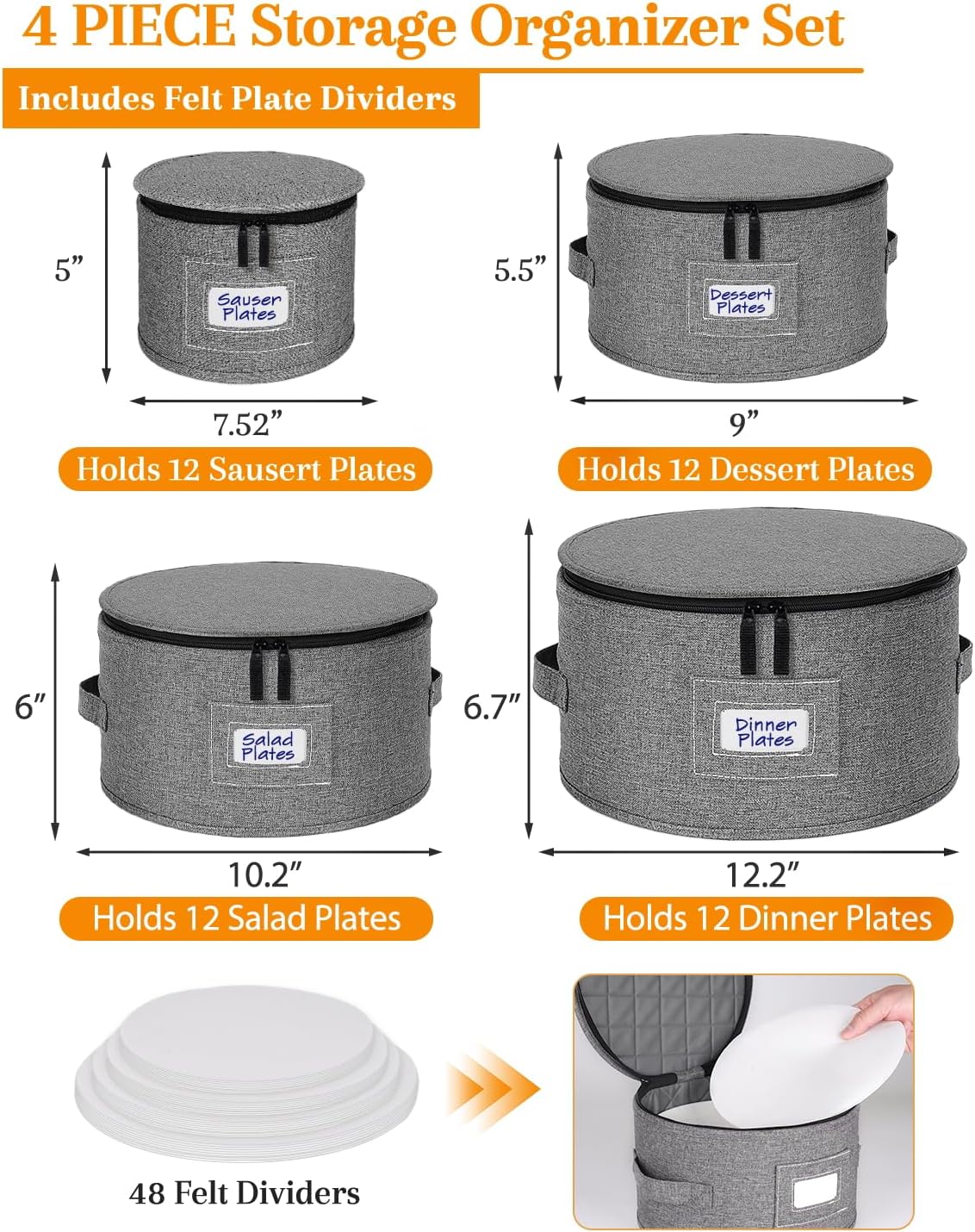 punemi China Storage Containers, Dish Storage with Rigid Top Side Bottom Support & Felt Dividers for Charger Plates Dinnerware, Perfect for Moving Supplies, 4PCS Stackable Fine China Storage, Gray