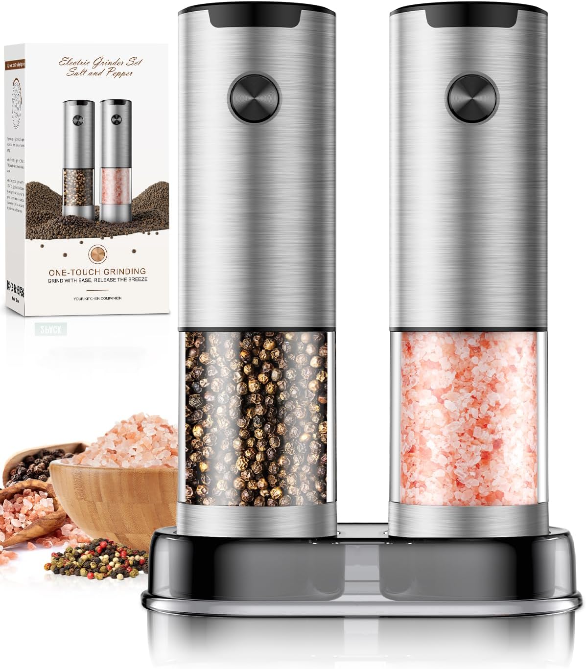 Electric Salt and Pepper Grinder- Automatic Battery Pepper Mill Shakers Kitchen Essentials for New Home Adjustable Coarseness Upgraded Larger Capacity with Led for Housewarming Gifts