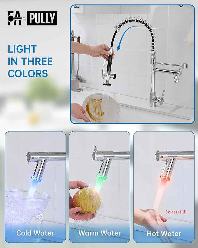 Fapully Kitchen Faucet with Pull Down Sprayer,Commercial Single Handle Kitchen Sink Faucet with LED Light Chrome