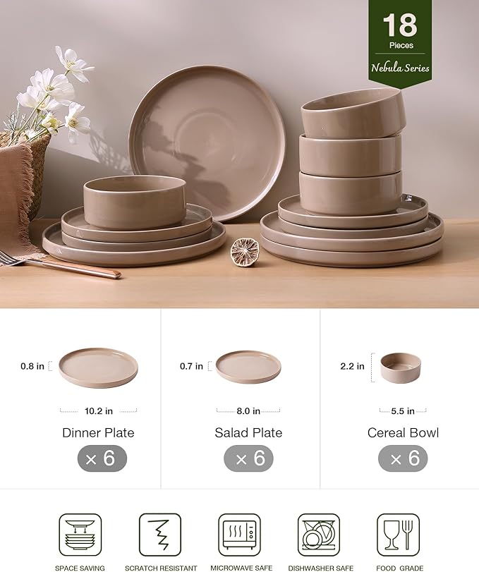 Famiware Nebula Plates and Bowls Sets, 18 Pieces Dinnerware Sets, Dishes Set for 6, Cinnamon Brown