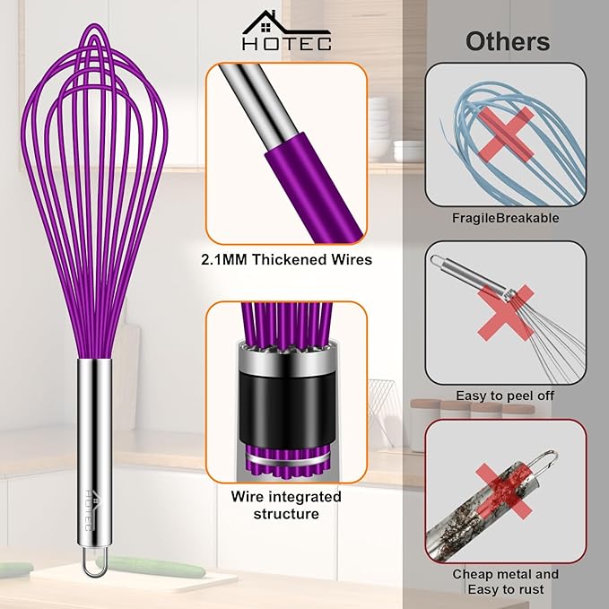 HOTEC 4 Pieces Silicone Whisks Set, Wire Balloon Whisks Egg Beater, Non-slip Handle Whisk for Non-stick Cookware Perfect for Cooking, Stirring, Beating and Blending (Purple)