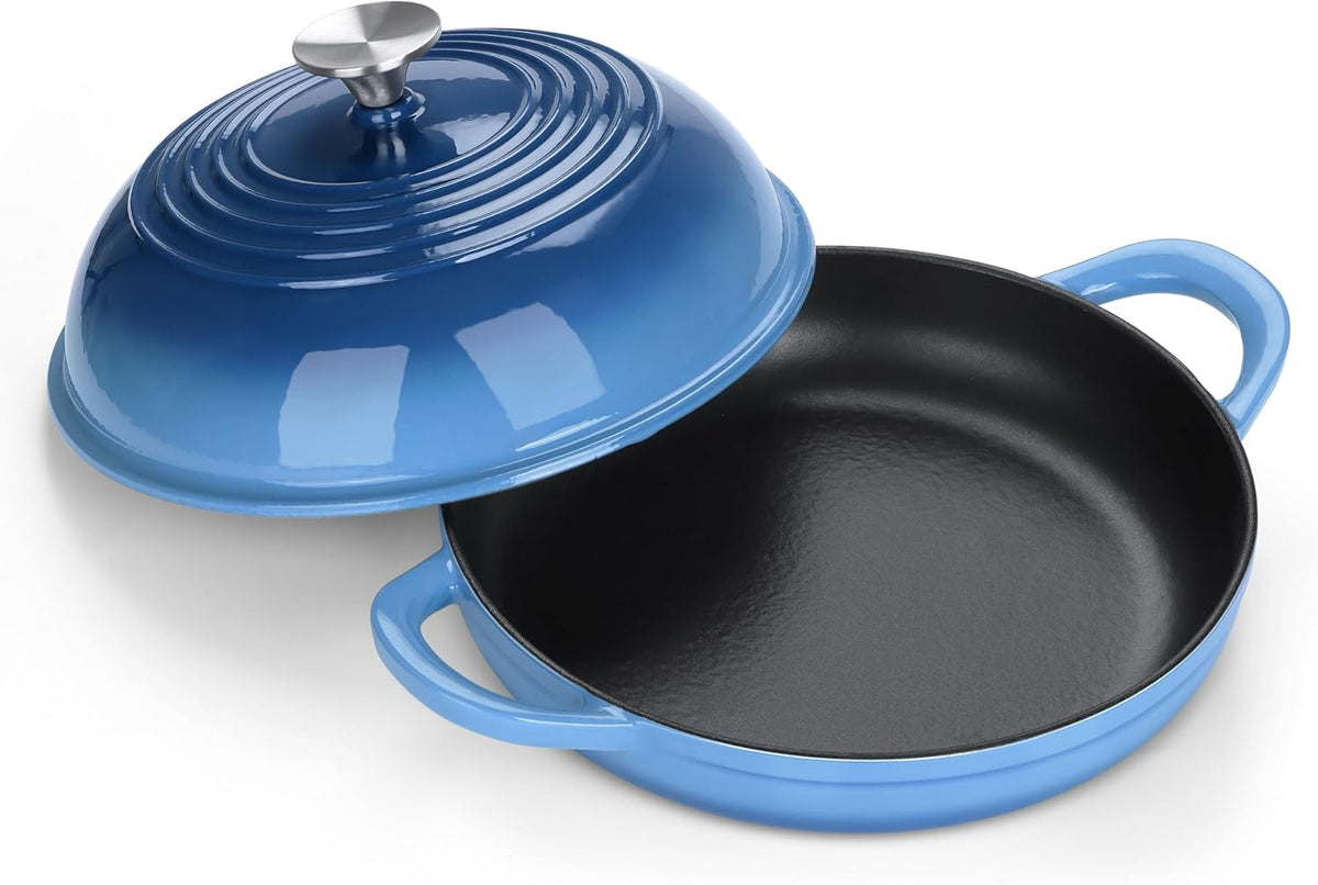 E-far Dutch Oven for Sourdough Bread Baking, 6 Qt Round Enameled Cast Iron Dutch Oven for Homemade Artisan Bread, Dome Lid & Shallow Base, Matte Black Interior & Durable, Oven-Safe to 500℉, Blue