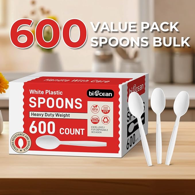 600Pack Disposable Plastic Spoons Bulk White Heavy Duty Plastic Teaspoons - Value Pack Cutlery Set For Parties, Restaurant (600SPOONS)