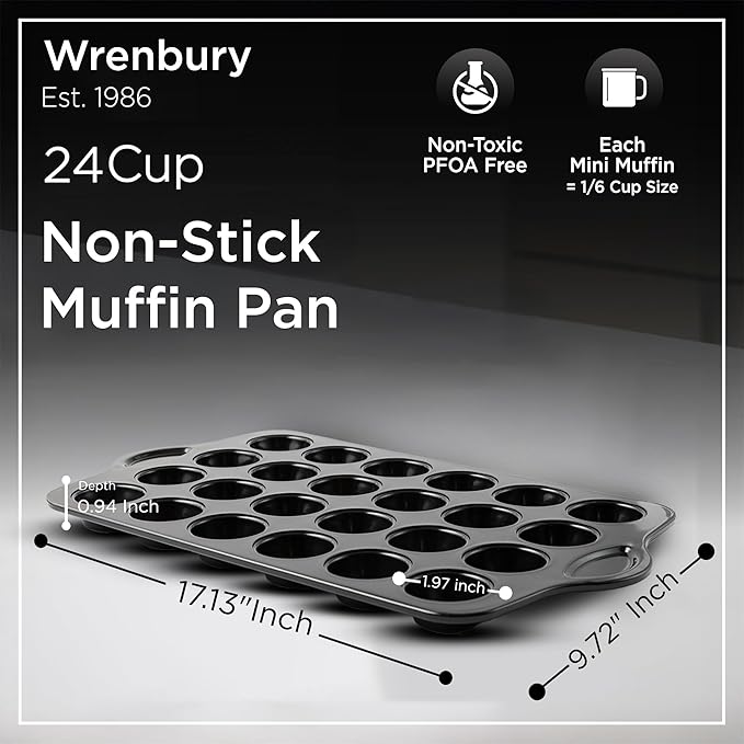 Wrenbury Mini Muffin Pan Non Toxic Set of 2 - Non Stick 24 Cup Small Cupcake Tray for Baking Joyful Bites - Dishwasher Friendly - Health Conscious Baking - 1.8" Cup
