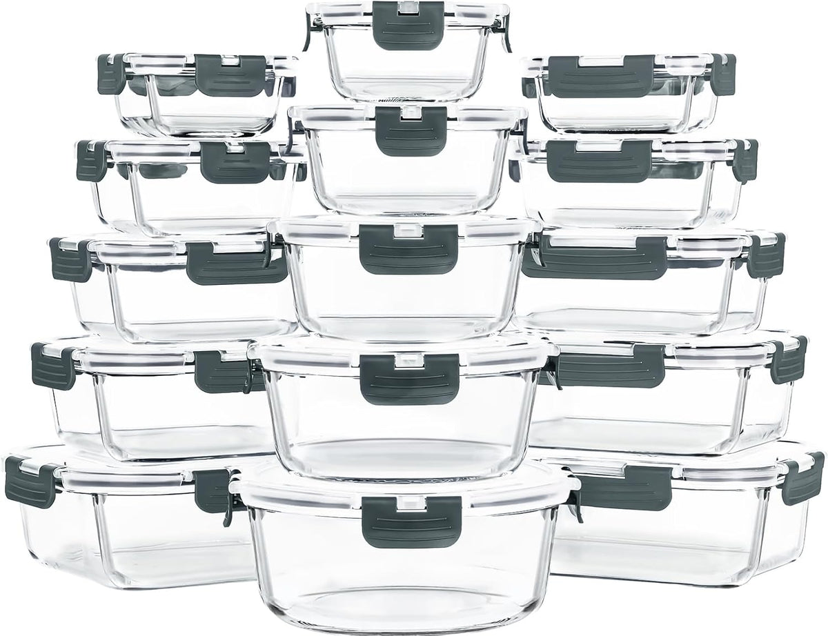Skroam 15 Pack Glass Food Storage Containers with Lids Airtight, Glass Meal Prep Containers, Lunch Containers with Lids for Microwave, Oven, Freezer and Dishwasher Safe