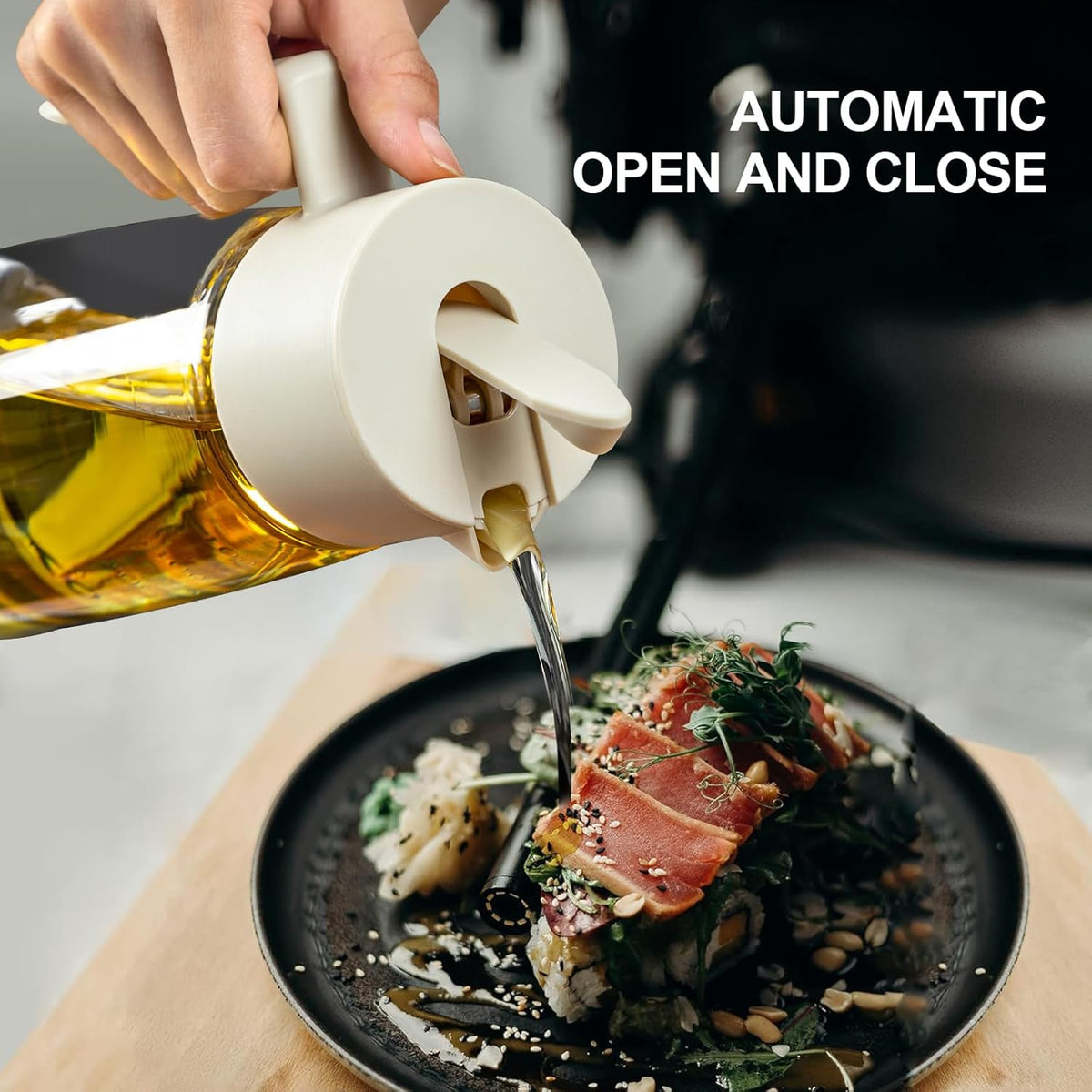 Olive Oil Dispenser Bottle for Kitchen with Leakproof and Dust Cover, Auto-Open & Close Glass Olive Oil Bottle with Non-Slip Bottom 600ml Cooking Oil and Vinegar Cruet Dispenser (Yellow)
