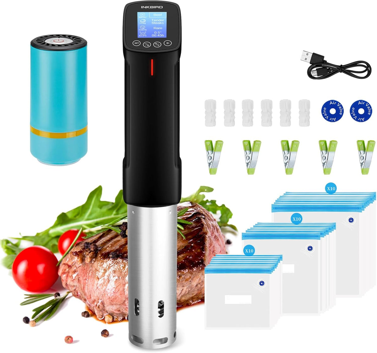 Inkbird WIFI Sous Vide Cooker & 44PCS Electric Vacuum Sealer Sous Vide Kits Recipes on APP and 1000W Sous Vide Machine| Sous Vide Starter Kits with 30PCS Sous Vide Bags Electric Pump Clips