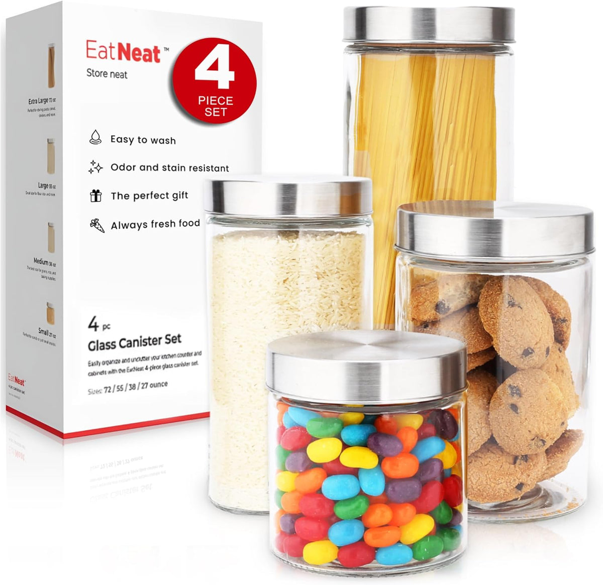 EatNeat 4-Piece Sleek Glass Canister Set with Brushed Stainless Steel Lids – Giftable, Durable Storage Containers for Countertop Use – Dishwasher-Safe Jars in Various Sizes for Pantry & Kitchen