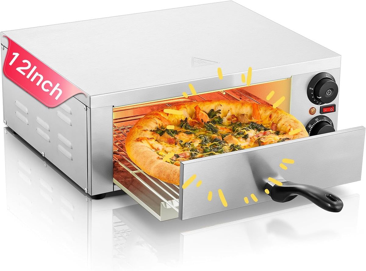 Commercial Pizza Oven, 12 Inch Countertop Pizza Ovens with 662°F Max Temp, Electric Pizza Cooker with Alert Timer, 1500W Stainless Steel Pizza-Maker Machine, for Restaurant, Home, Party, Silver