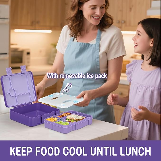 Chill Lunch Box Kids, Leak Proof Adult Bento Box with Ice Pack, 6 Compartment Lunch Container with Utensils for Girl Boy Back to School, 5.5-Cup Capacity, Dishwasher Safe, BPA Free