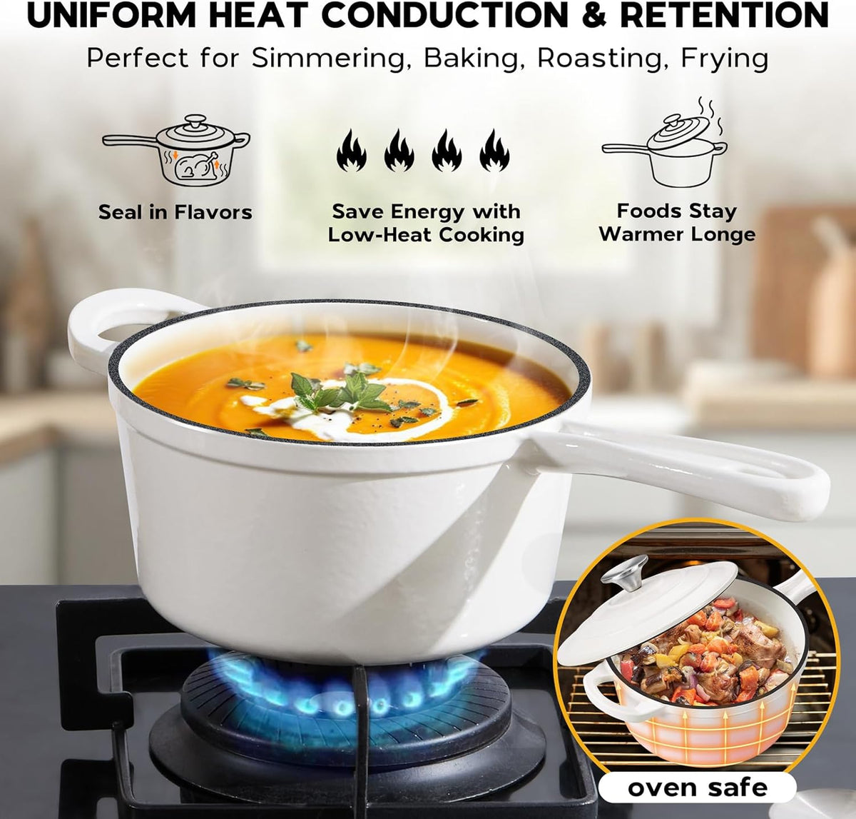 2 Quart Saucepan Dutch Oven, Onader Enameled Cast Iron Sauce Pan Pot with Lid, Small Cooking Kitchen Pot, Nonstick & Oven Safe – White