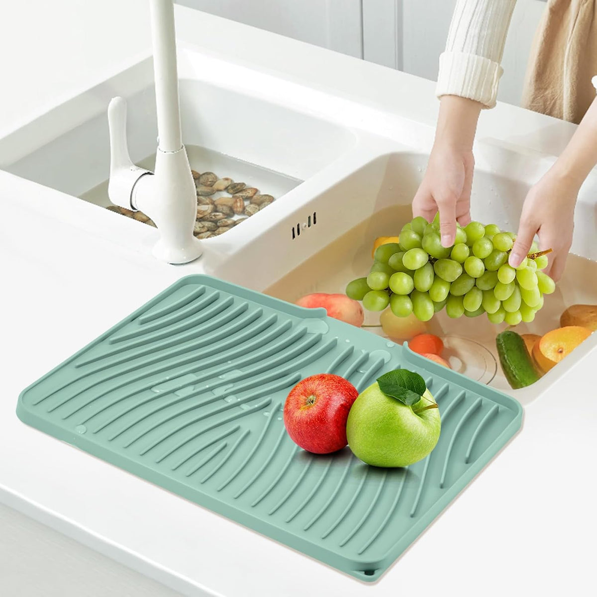 Dish Drying Mat, Stone Drying Mat for Kitchen Counter with Built-in Drain, Non-Slip Drying Matt Kitchen Counter, Heat Resistant Silicone Drying Mat, Dish Drying Pad, 2 Pcs(15.8"X 13", Mint)