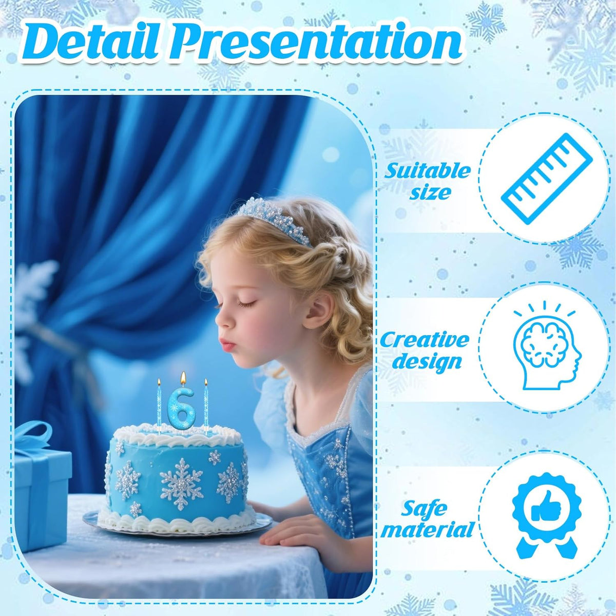 13PCS White and Blue Frozen Themed Party Birthday Candles Set - Blue Number Candles Snowflake Themed Decorations, Girls Party Supplies(Number 6)