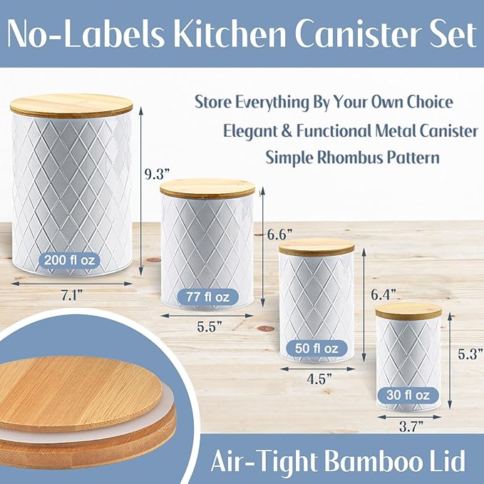 White Kitchen Canisters Set with Bamboo Lids, Airtight Sugar, Flour, Coffee, Cookie Storage Canister Sets for kitchen Countertop, Farmhouse kitchen decor, 4 Pack