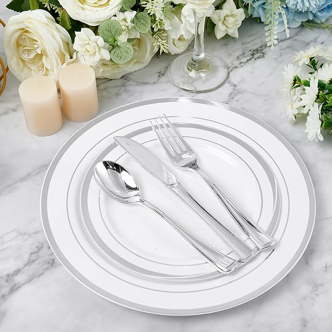FOCUSLINE 300 Pack Silver Plastic Cutlery Set - 100 Forks, 100 Knives, 100 Spoons - Disposable Flatware Heavy Duty Plastic Silverware Set for Catering, Parties, Dinners, Weddings