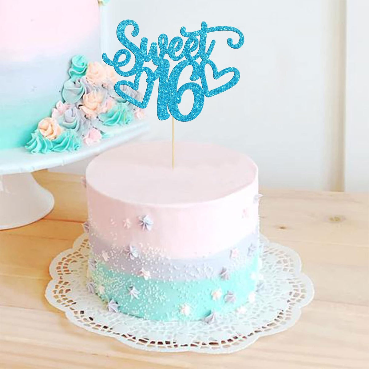 Gyufise 1Pc Sweet Teenager 16 Cake Topper Glitter 16th Birthday Cake Pick for Cheers to 16 Years Old 16th Birthday Party Cake Decorations Supplies Light Blue