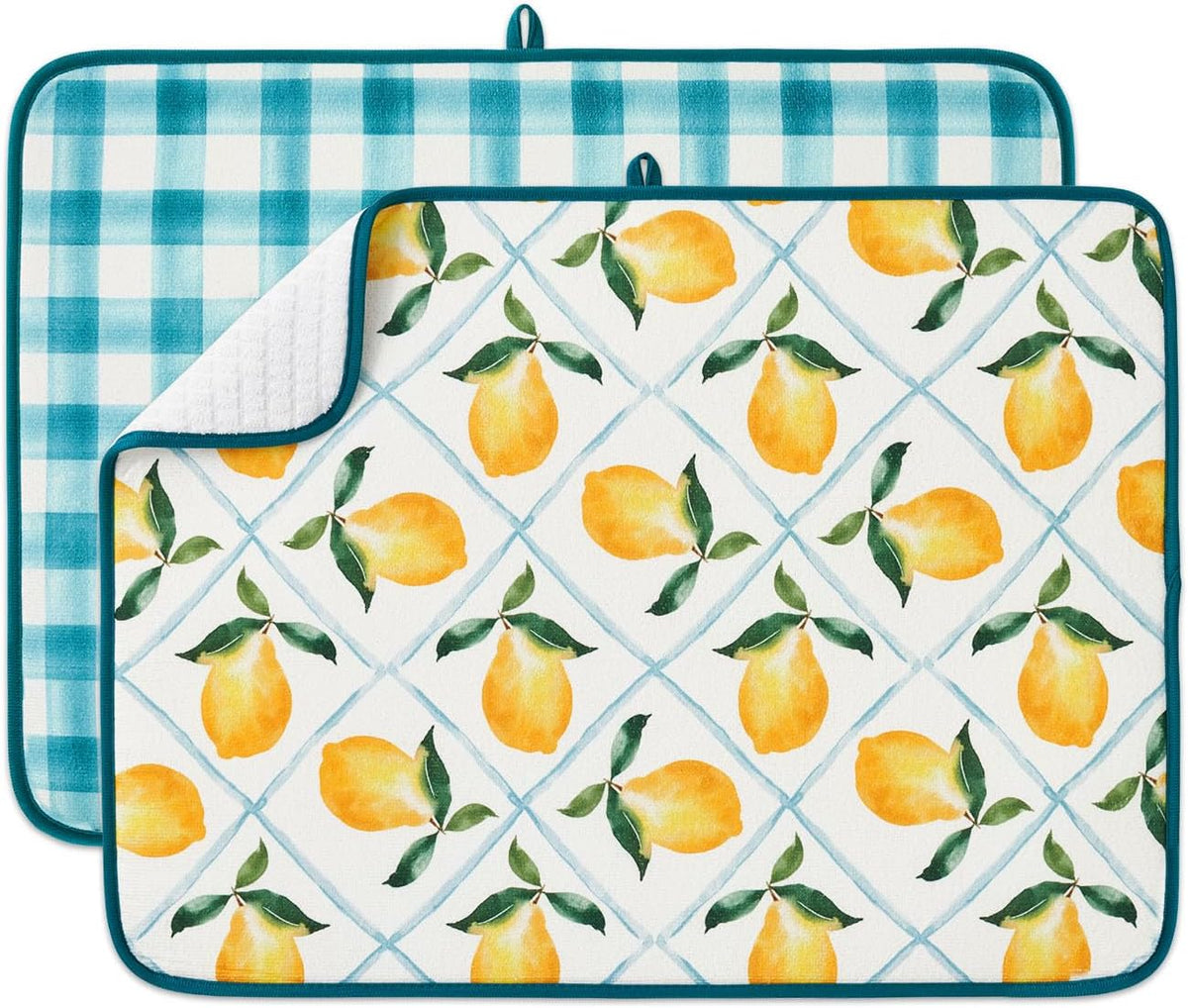 FRESHMINT Printed Dish Drying Mats for Kitchen Counter 2 Pack Absorbent Reversible Drying Mats Microfiber Kitchen Countertop Protector Dishes Drying Pad Extra Large 18"x24" Dish Mat