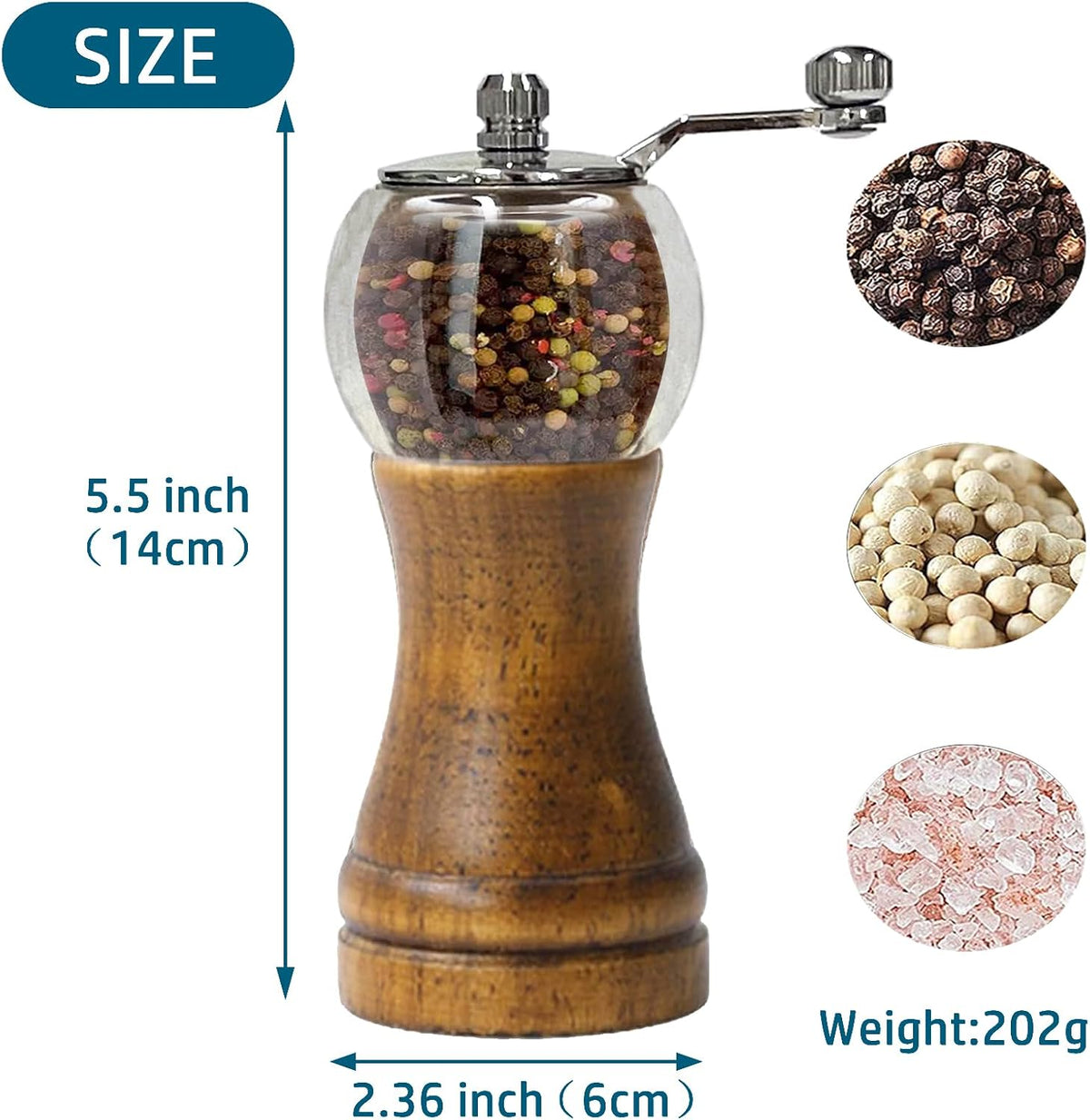 Salt and Pepper Mill Manual Pepper Grinder Set, Classical Hand Shake Wooden Pepper Mills Set Ceramic Core Grinding Metal Handle, 6in Two tone combination set Enjoy Fresh Ground Pepper Sea Salt