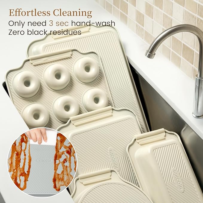 Kikcoin 25 PCS Stackable Baking Pans Set, Non-stick Bakeware Sets with Silicone Handles, 450°F Oven Safe Cookie Sheets for Baking, Easy Release Heavy-duty Baking Sheets Non Stick, Cream
