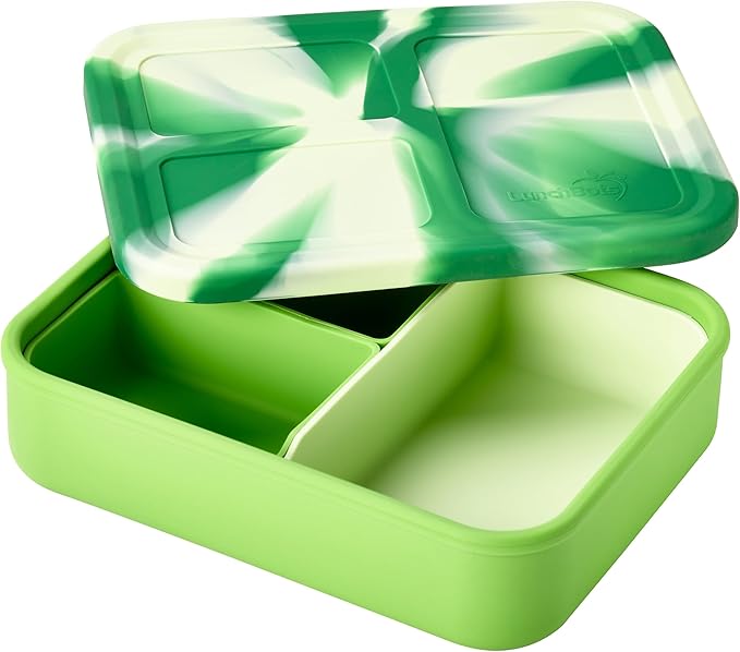 LunchBots Build -a- Bento Lunch Box, Silicone Bento Box for Kids, Multi-Compartment Lunch Container, Oven & Dishwasher Safe, BPA Free, 32 oz - Tie Dye Green