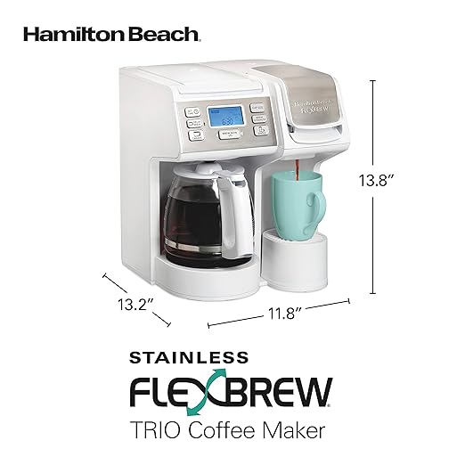 Hamilton Beach FlexBrew Trio 2-Way Coffee Maker, Compatible with K-Cup Pods or Grounds, Combo, Single Serve & Full 12 Cup Coffee Pot, White, Fast Brewing, Removeable Reservoir