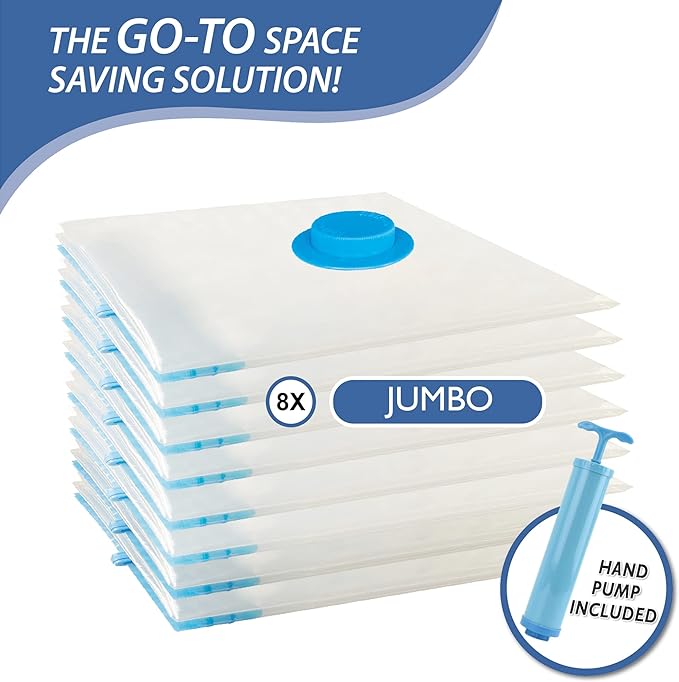 8 Jumbo Vacuum Storage Bags, Space Saver Bags Compression Storage Bags for Comforters and Blankets, Vacuum Sealer Bags for Clothes Storage, Hand Pump Included