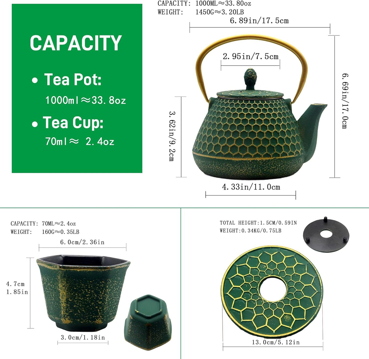 Cast Iron Tea Kettle Set, 33.8oz Hexagon Pattern Teapot Set with Cups, Teapot Coated with Enameled Interior, Durable Cast Iron Teapot Set with Stainless Steel Infuser