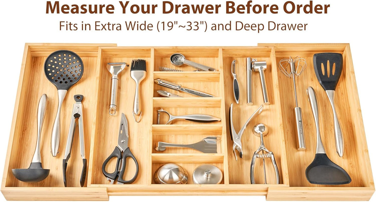 Umilife Extra Large Expandable Kitchen Drawer Organizer for Utensil and Junk, 19" Deep for Big Drawer, 19" to 33" Adjustable Bamboo Wood Drawer Divider, Cutlery Tray, Flatware Holder