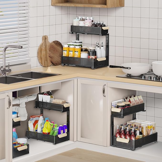 Under Sink Organizers and Storage,2 PACK 5 Height Adjustable Kitchen Cabinet Organizer,2 Tiers Pull Out Drawer Shelves Metal Slide Tray Organizer for Kitchen Bathroom