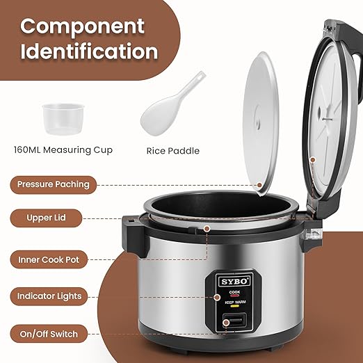 SYBO Commercial Rice Cooker and Warmer, 60 Cups Cooked (30 Cup Uncooked) Large Rice Cooker with Hinged Lid, Non-Stick Insert Pot, Stainless Steel Exterior
