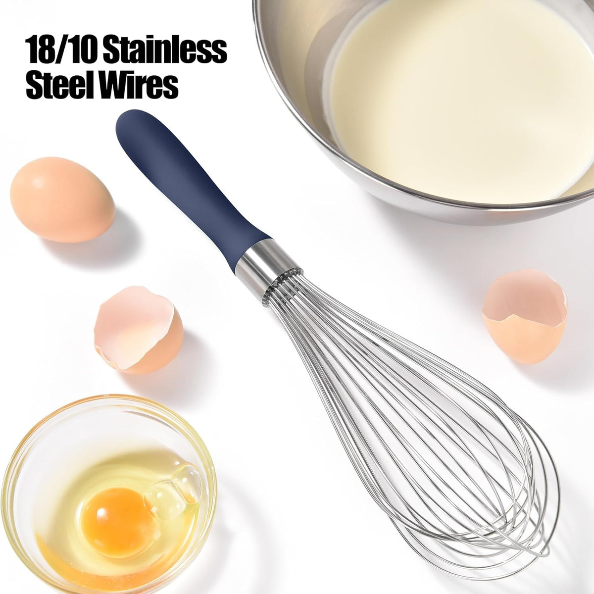 18/8 Stainless Steel Balloon Whisk, Doosu Kitchen Whisk for Cooking Handheld Egg Beater with Rust-Proof Sturdy Wires & Non-Slip Silicone Handle for Beating, Stirring, Blending (12 Wires, Navy Blue)