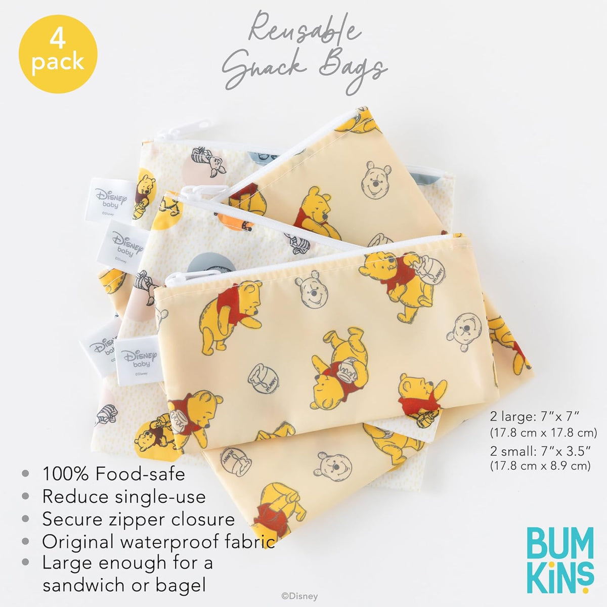 Bumkins - Cloth Snack & Sandwich Bags - For Storage, Travel, Food Prep, Lunch - Reusable, Water Resistant, Washable, Dishwasher Safe - Snack Bags for Kids - Zipper Closure - Winnie the Pooh - 4 Pack