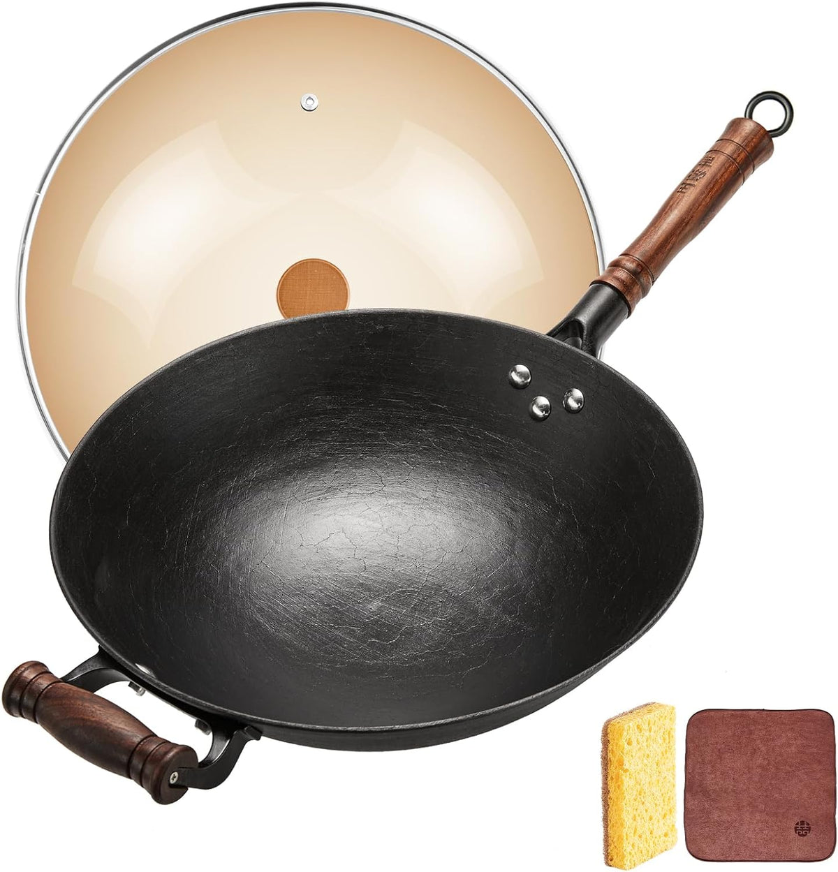 WANGYUANJI 14.17-Inch Cast Iron Chinese Wok with Round Bottom & Glass Lid - Traditional Chinese Wok for Gas Stove and Open Flame Cooking