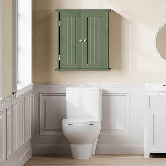 ChooChoo Bathroom Wall Cabinet, Over The Toilet Space Saver Storage Cabinet, Medicine Cabinet with 2 Door and Adjustable Shelves, Cupboard, Green