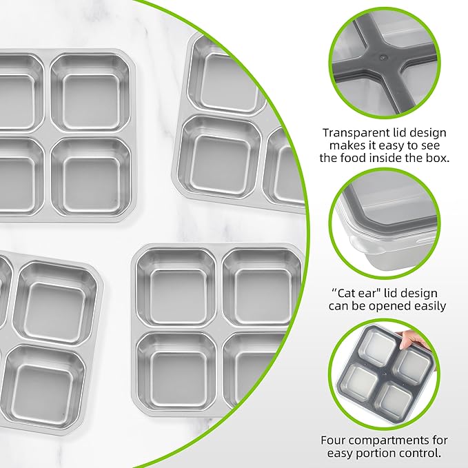 4 Pack Stainless Steel Snack Containers with Lids 4 Compartment Lunch Box for Adults & Kids Meal Prep Bento Box Containers Reusable