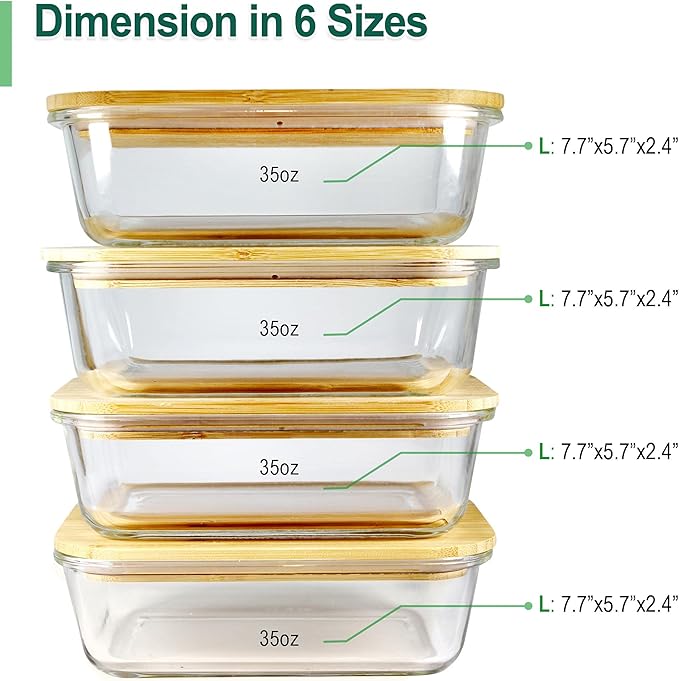 Urban Green Glass Containers with Bamboo Lids, Bamboo Meal Prep Storage Containers with Lids, Oven, Freezer, Microwave Safe, Pack of 4, 35oz