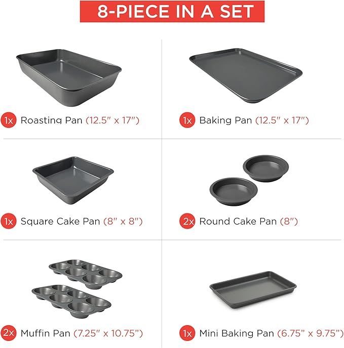 Elbee Home 8-Piece Nonstick Aluminized Steel, Space Saving Baking Set, With Deep Roasting Pan, Cookie Sheet, Cake Pans, Muffin Pans and Baking Pan PFOA & PFOS Free, Holiday Gift for Her