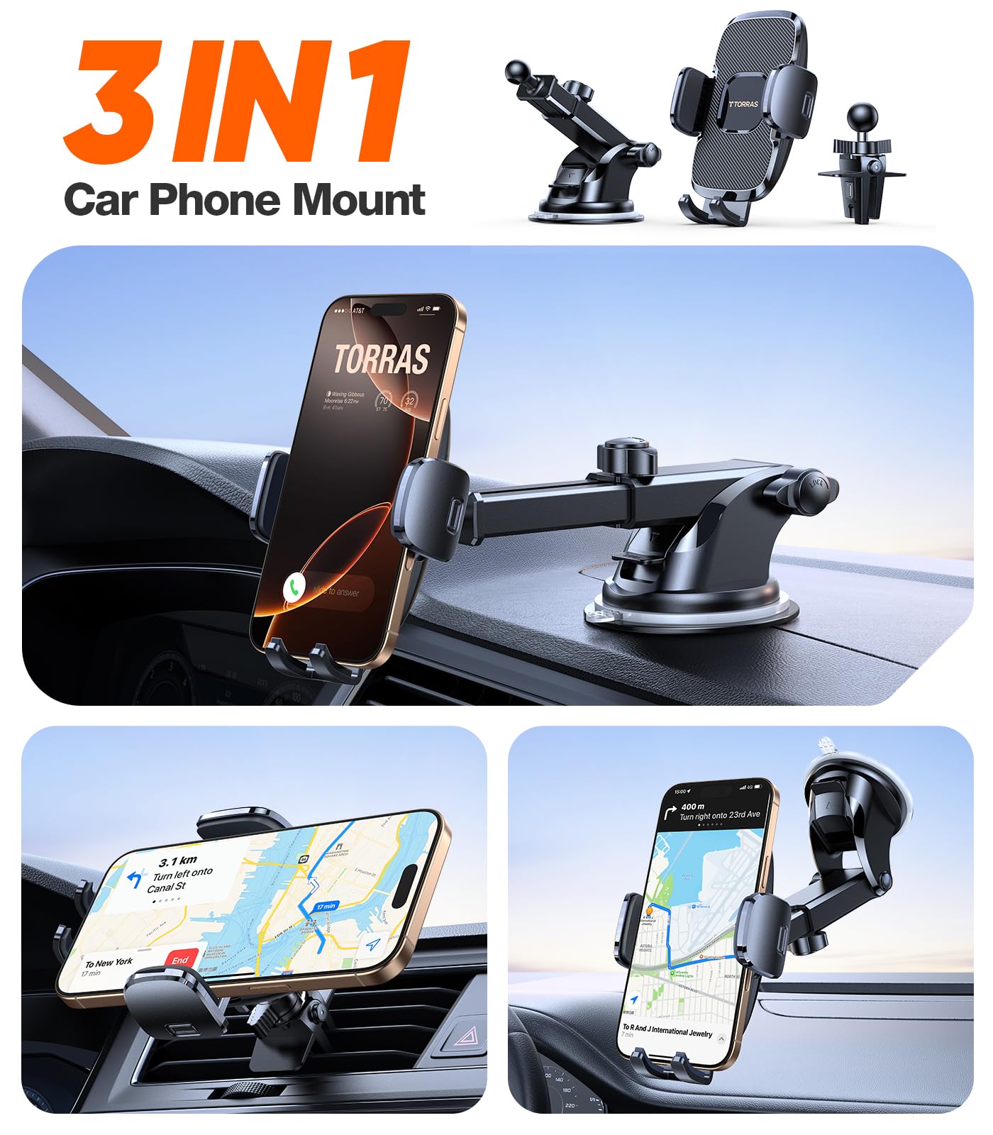 TORRAS Ultra-Durable Phone Holders for Your Car【96+LBS Strongest Suction】 Car Phone Holder Mount, Safety Certs Cell Phone Car Mount Truck for Dashboard Windshield Vent for iPhone 17 16 15 14 Pro Max