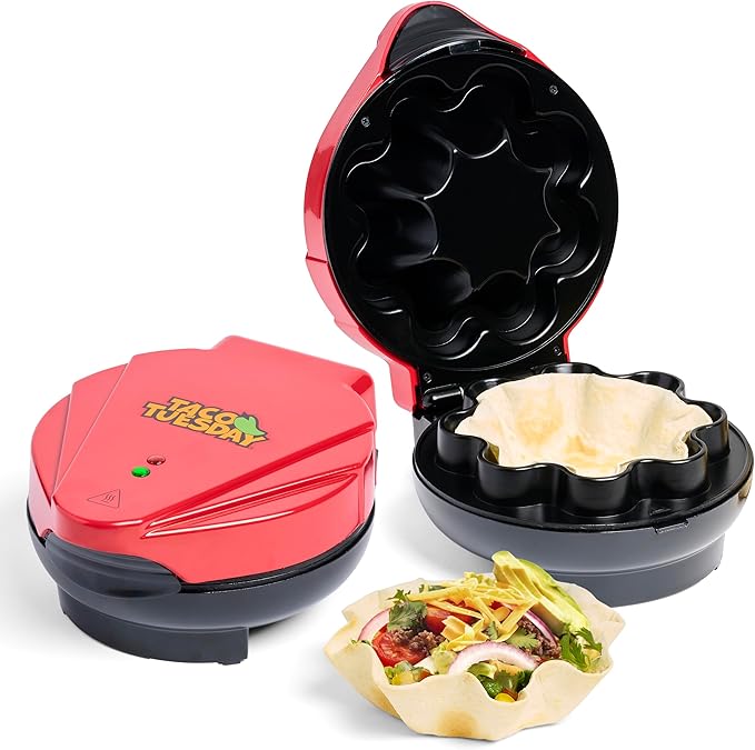 Nostalgia Taco Tuesday Tortilla Bowl Maker For Baked Taco Bowls, Tostadas, Salads, Dips, Appetizers, and Desserts, 8 to 10 Inch Tortillas, Red