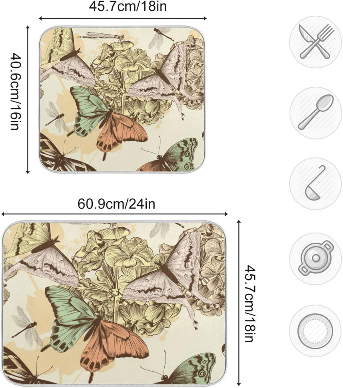 senya Super Absorbent Dish Drying Mat, Microfiber Fast-Drying 24'' x 18'', Kitchen Pad, Retro Butterfly